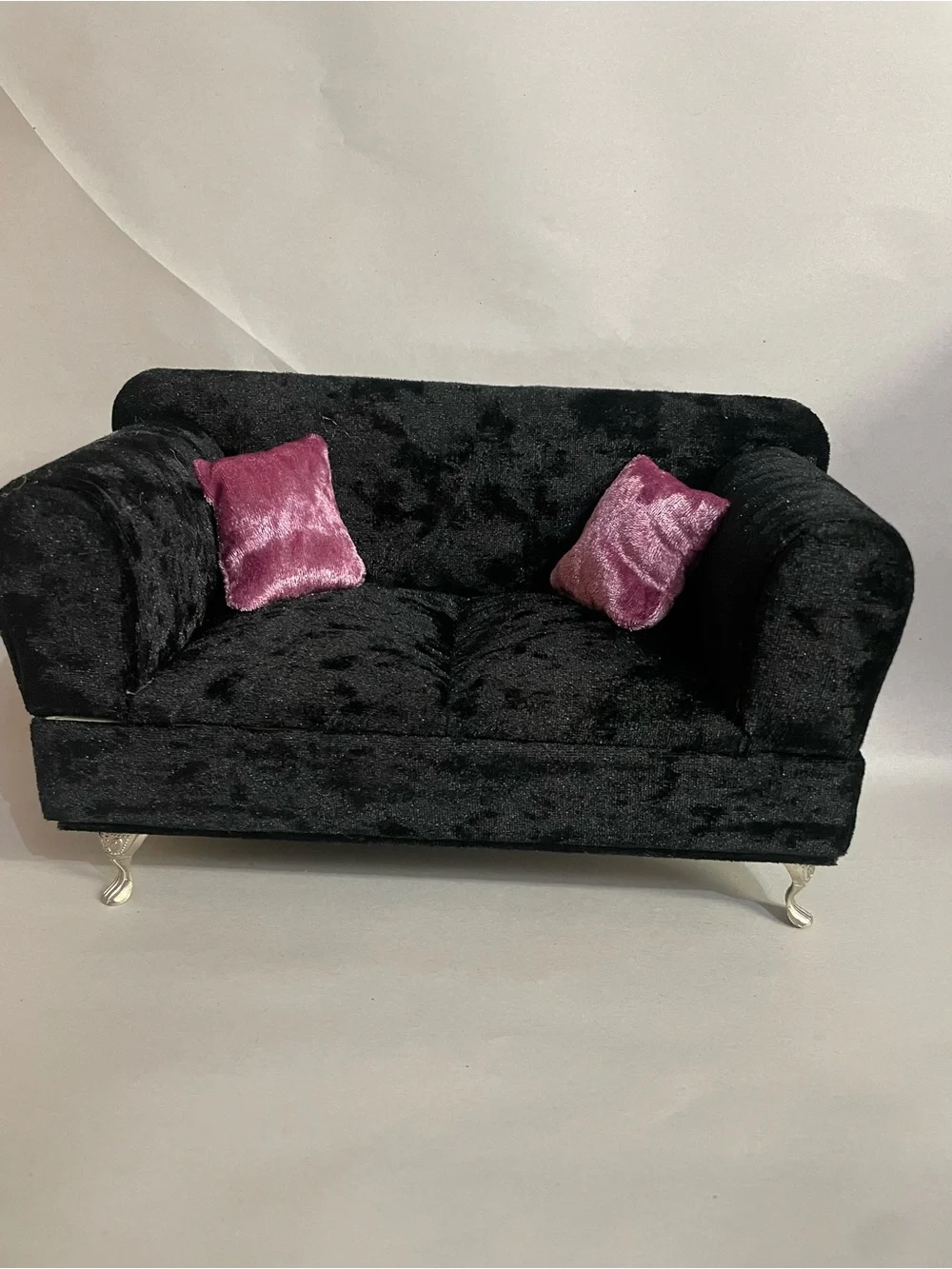 Black Velvet Accent Sofa with Pink Throw Pillows - Brand